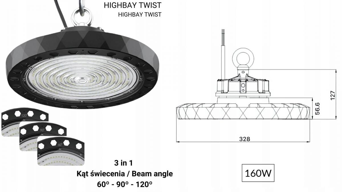 Lampa LED Highbay Twist, 160W, 190lm/W, 5000K, CRI>70, regulowany kąt 60-90