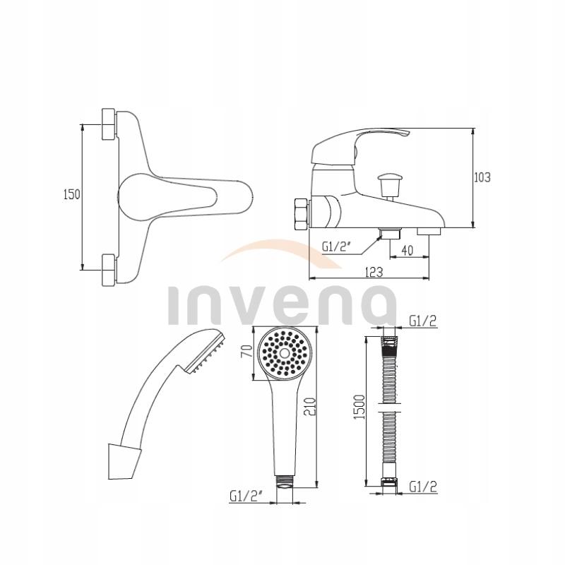 Bateria wannowa INVENA  MITRIS z zestawem natryskowym  48h