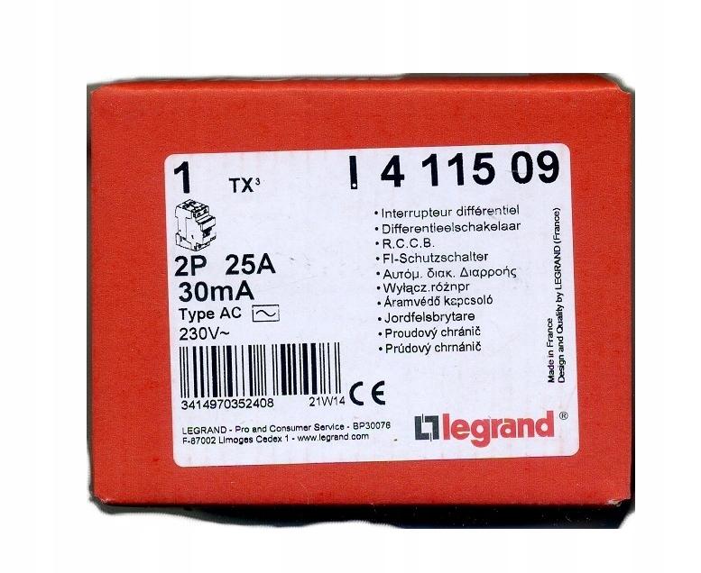 LEGRAND Wyłącznik różnicowoprądowy P302 2P 25A 30MA TYP AC TX3