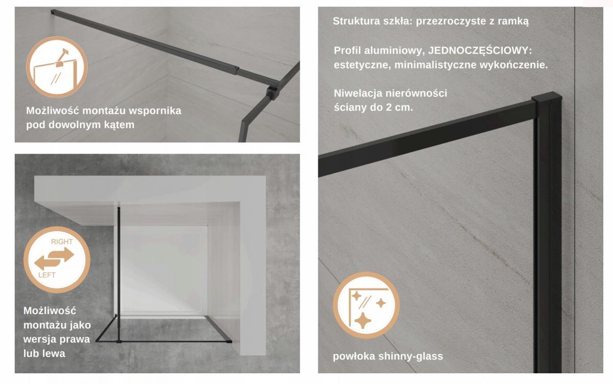 INVENA KABINA WALK-IN II 120X200CM RAMKA 8MM SHINY-GLASS CZARNY