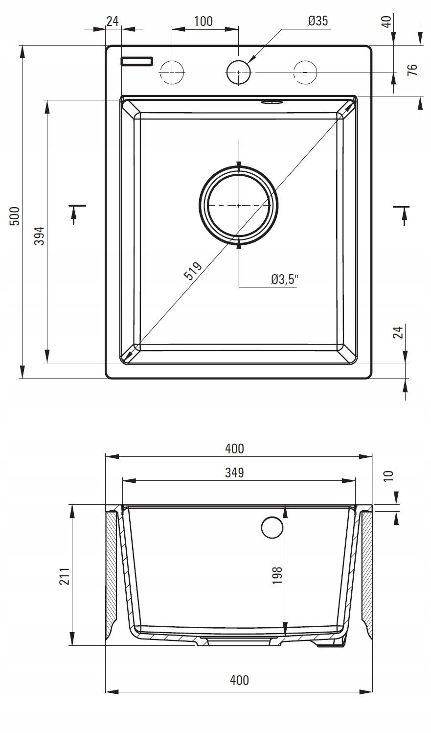 Zlewozmywak granitowy Corio, grafit, 1-komorowy 400x500x211 mm + osprzęt Sp