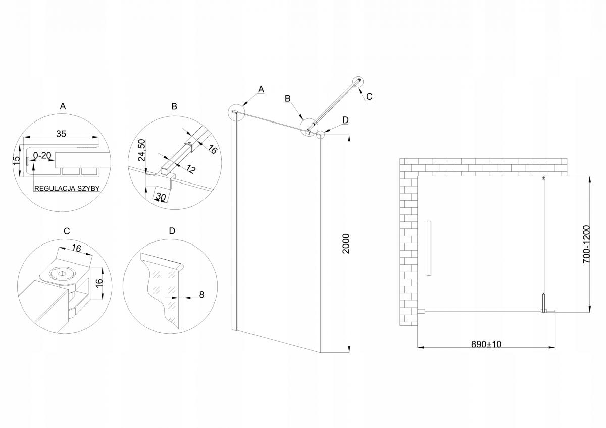 INVENA KABINA WALK-IN II 90X200CM RAMKA 8MM SHINY-GLASS CZARNY