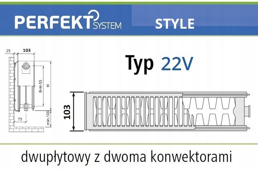 Polski grzejnik dekoracyjny PERFEKT STYLE LINE CV22 600x1000 V 22 Prawy 48h