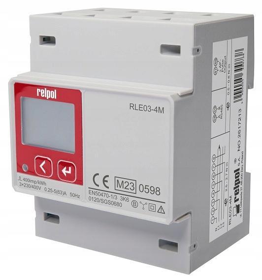 Trójfazowy cyfrowy licznik energii elektrycznej RLE03-4M – MID, CE, 63A, RS
