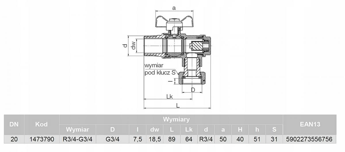 SPIN Kurek kulowy kątowy z filtrem i magnesem DN20-PN25 G3/4-G3/4