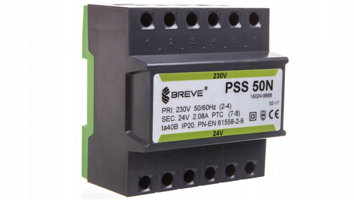Transformator jednofazowy PSS 50N 230/24V IP30 na szynę DIN TH-35 w obudowi