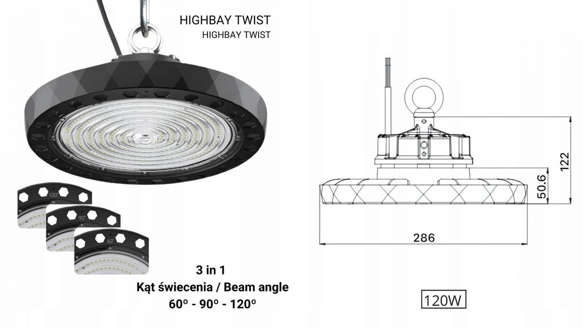 Lampa LED Highbay Twist, 120W, 190lm/W, 5000K, CRI>70, regulowany kąt 60-90