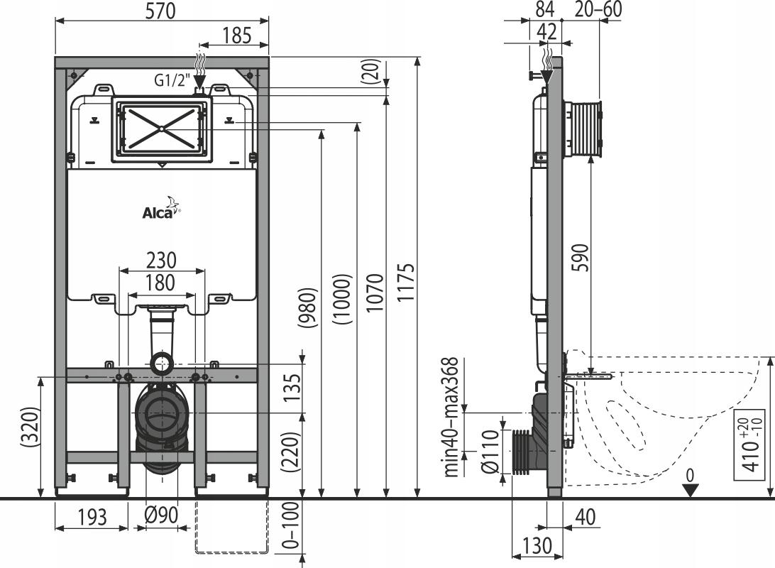 Stelaż podtynkowy do WC + mocowanie ALCADRAIN 570 x 100 x 1175 mm