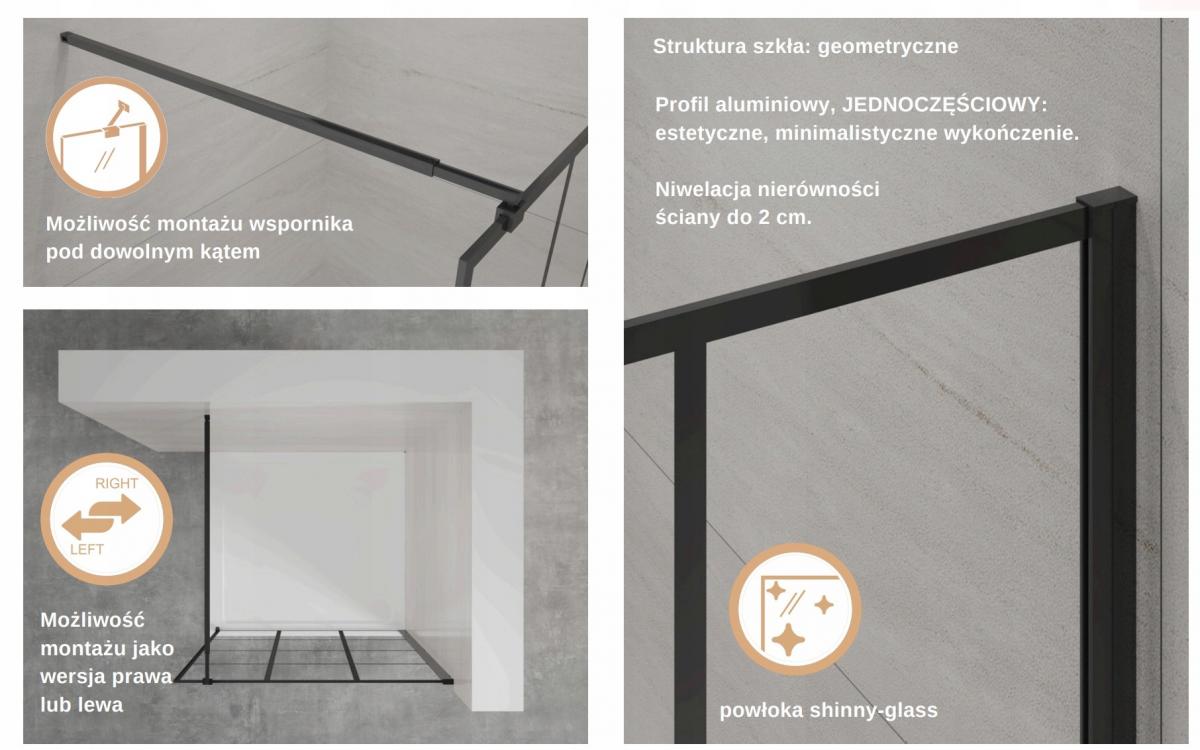 INVENA KABINA WALK-IN II 120X200CM GEOMETRYCZNA 8MM SHINY-GLASS CZARNY
