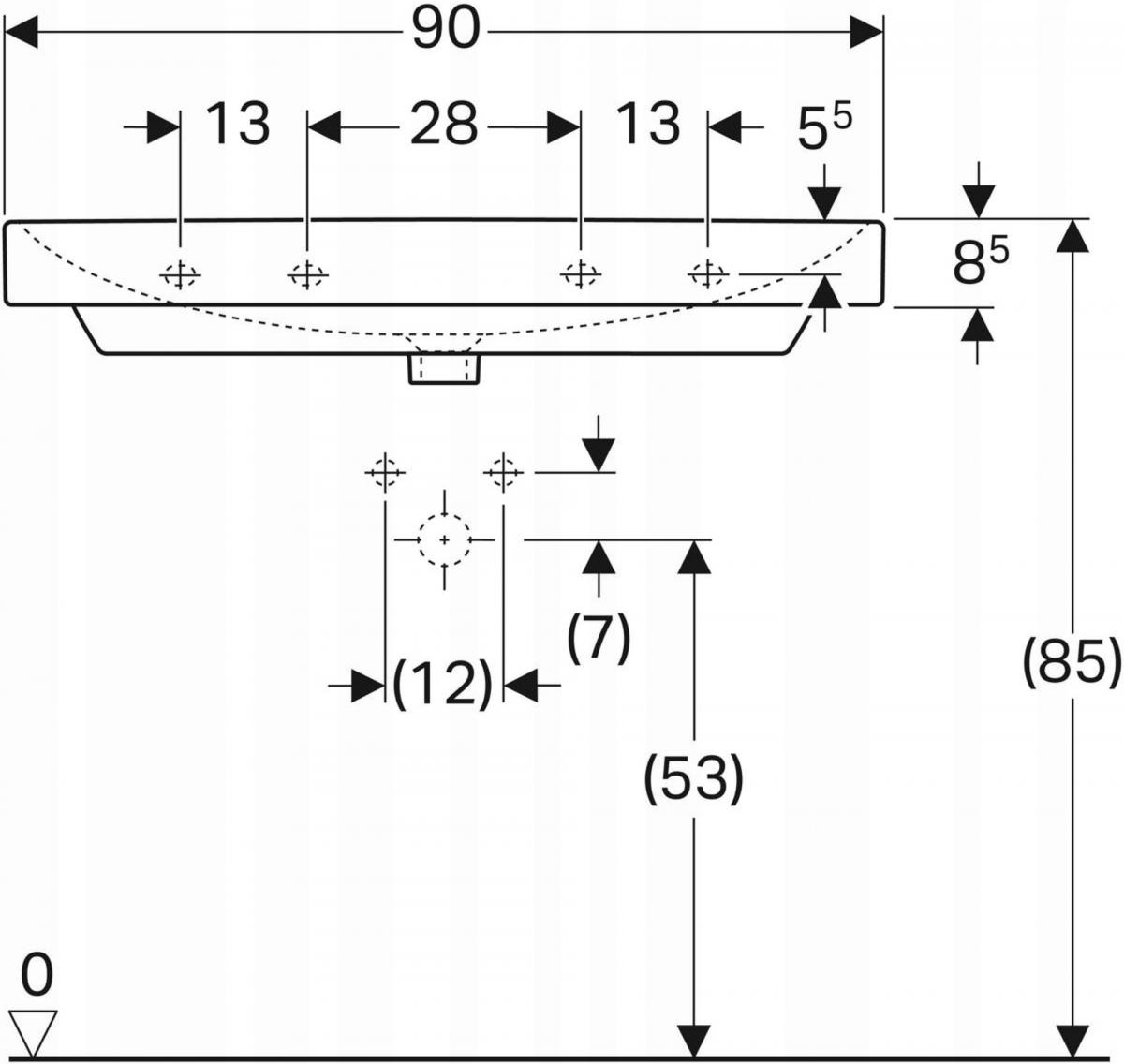 Umywalka Smyle Square B90 cm, H16.5 cm, T48 cm, z przelewem, z otworem na b