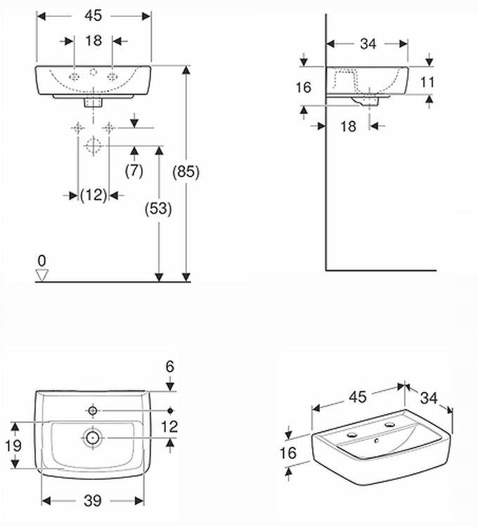 Umywalka Rekord kompaktowa kształt geometryczny B45cm H16cm T34cm z otworem