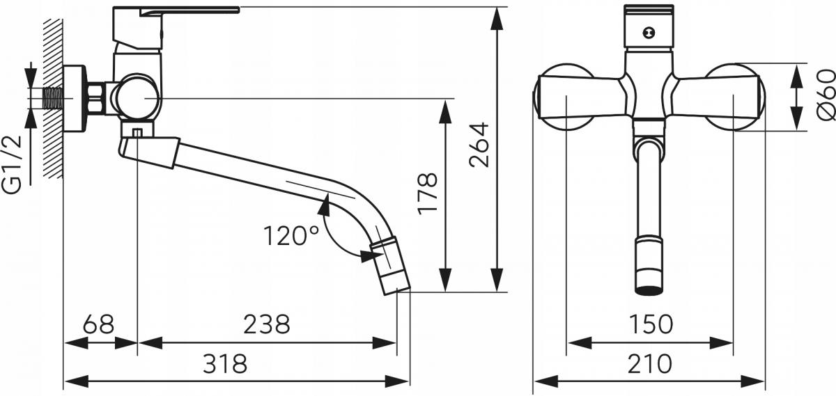 Bateria zlewozmywakowa ALGEO ścienna z elastyczną czarną wylewką, chrom
