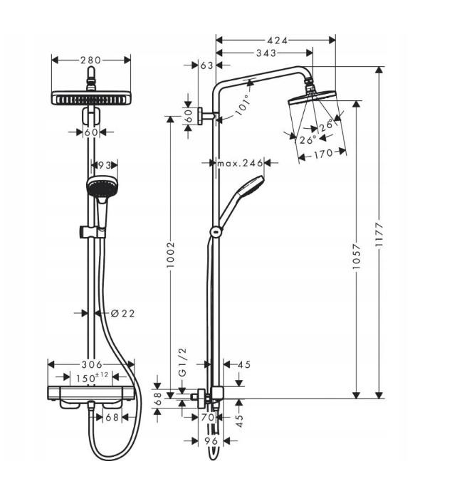 Komplet prysznicowy Hansgrohe Croma E 208 1 jet z termostatem 27630000