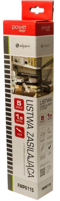 DPM Listwa ochronna z wyłącznikiem, 5 gniazd, czarna, 1,5 m