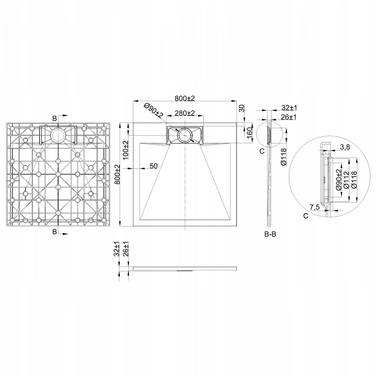 BRODZIK PRYSZNICOWY KWADRATOWY ALVERO INVENA TREND, 80X80 CM BIAŁY