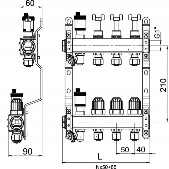 Rozdzielacz 7-drogowy z zaworami term, przepływomierzami i złączkami, stal