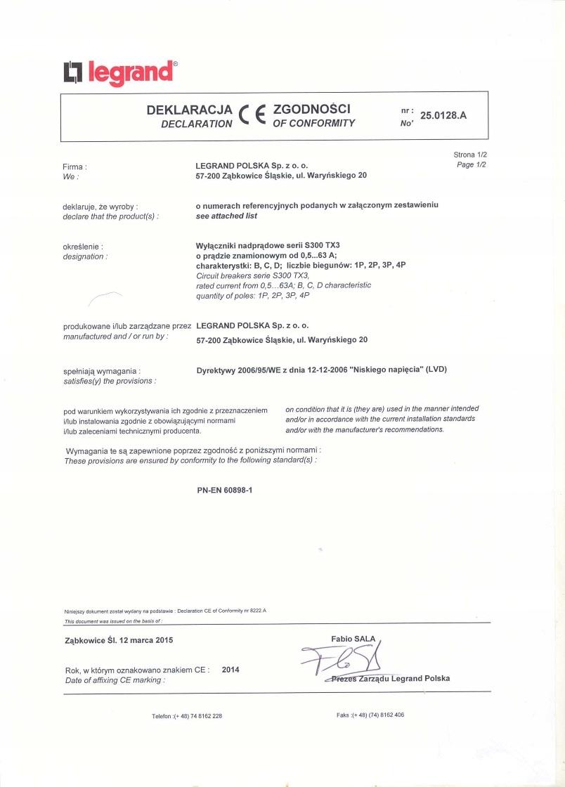 LEGRAND Wyłącznik nadprądowy S 302 2P C 25A 6000A TX3