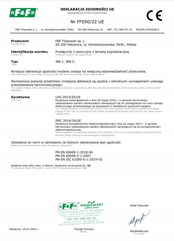 F&F Przełącznik dwupozycyjny z lampką sygnalizacyjną zieloną WB-1G