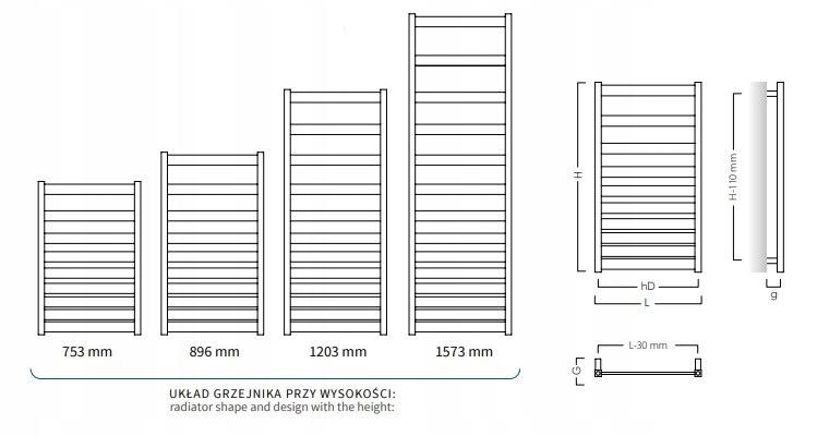 Grzejnik drabinkowy BELTI 500X896, 369W, podłączenie dolne, rozstaw 47