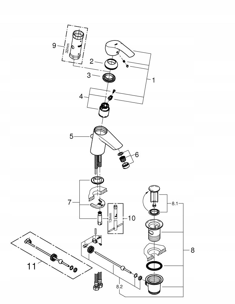 Bateria umywalkowa sztorcowa GROHE Eurosmart Cosmopolitan 1-otw. Mosiężna