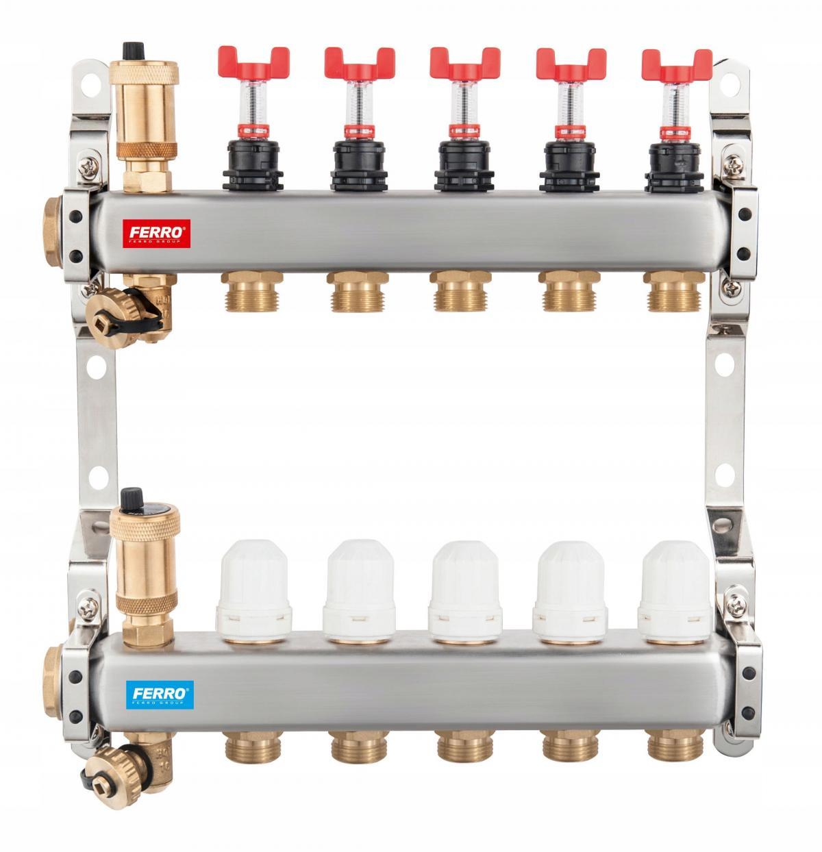 Rozdzielacz 3-drogowy z zaworami termostatycznymi i przepływomierzami, stal