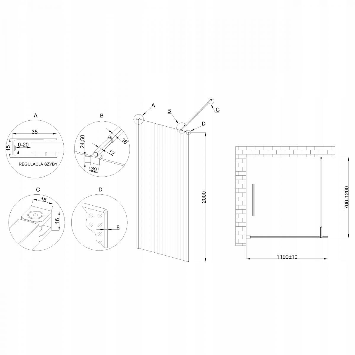 INVENA KABINA WALK-IN II 120X200CM RYFLOWANA 8MM SHINY-GLASS CHROM