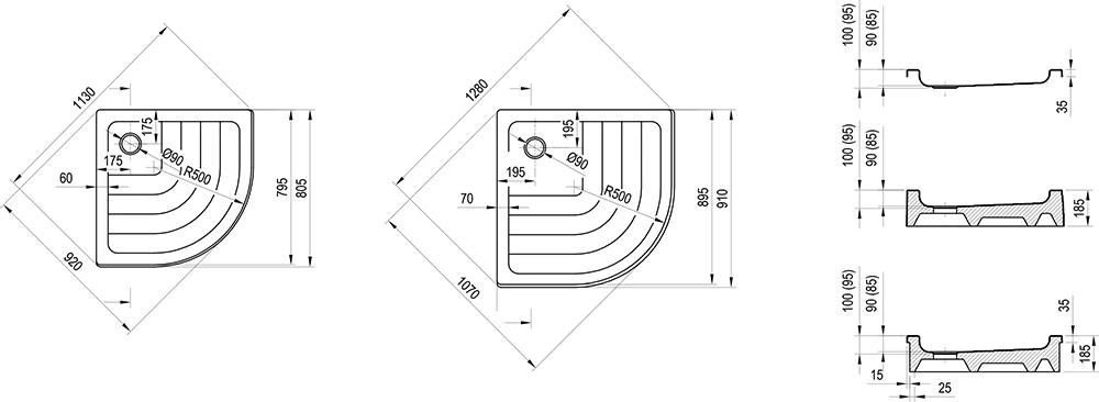 Brodzik akrylowy Ravak Ronda- półokrągły 80 cm typu LA-do instalacji na nóż