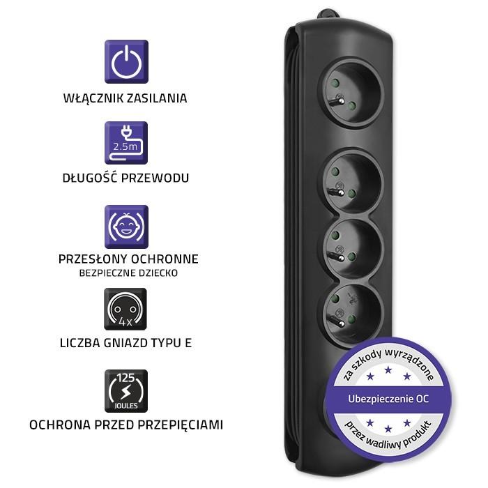 QOLTEC Listwa antyprzepięciowa Quick Switch 4 gniazd 2.5m