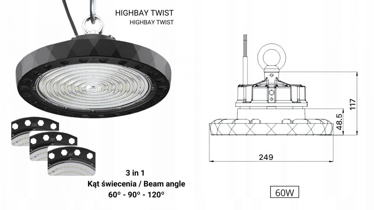 Lampa LED Highbay Twist, 80W, 190lm/W, 5000K, CRI>70, regulowany kąt 60-90-