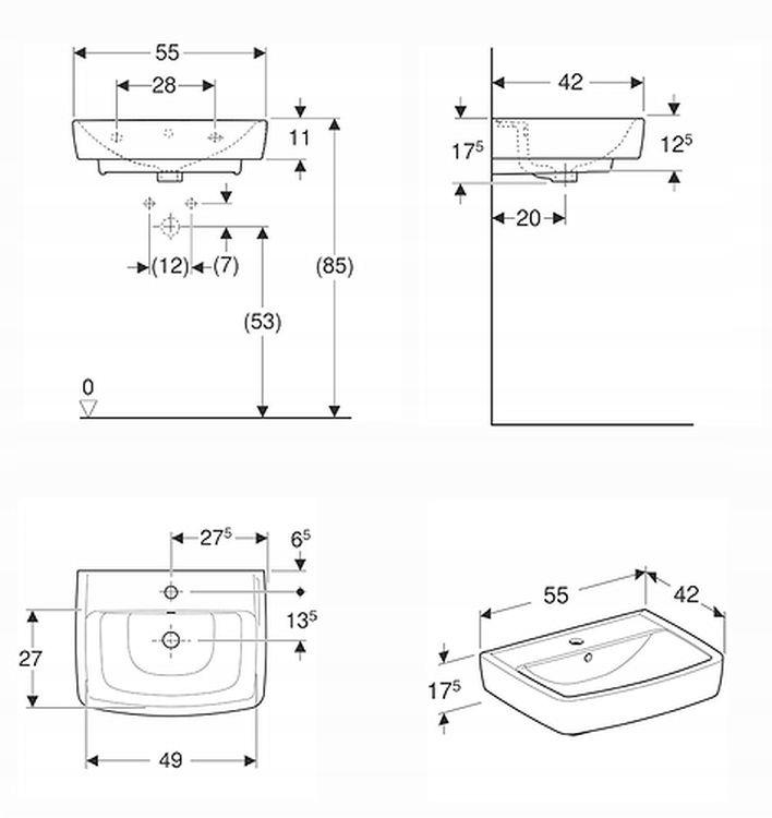 Umywalka Rekord kształt geometryczny B55cm H17.5cm T42cm z otworem na bater