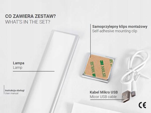 Oprawa meblowa LED do szaf, 200mm, 4000K, light sensor + pir, ładowanie 750