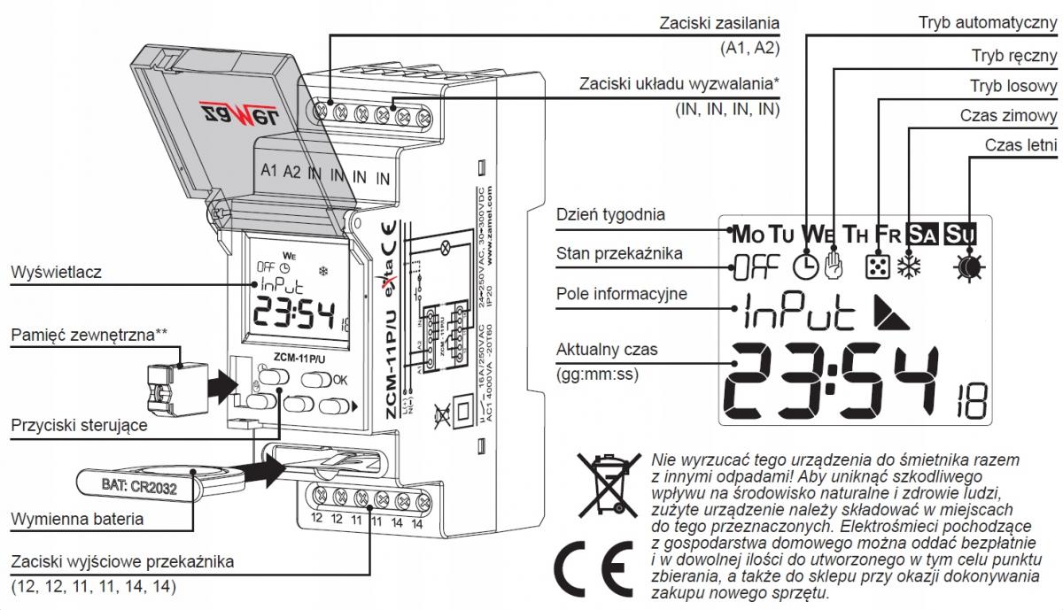 ZAMEL Programator czasowy 1-KAN. tygodniowy 230V AC TYP: ZCM-11