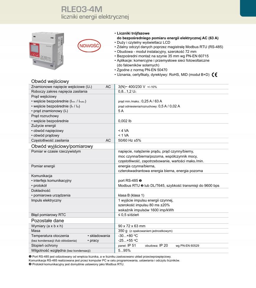Trójfazowy cyfrowy licznik energii elektrycznej RLE03-4M – MID, CE, 63A, RS