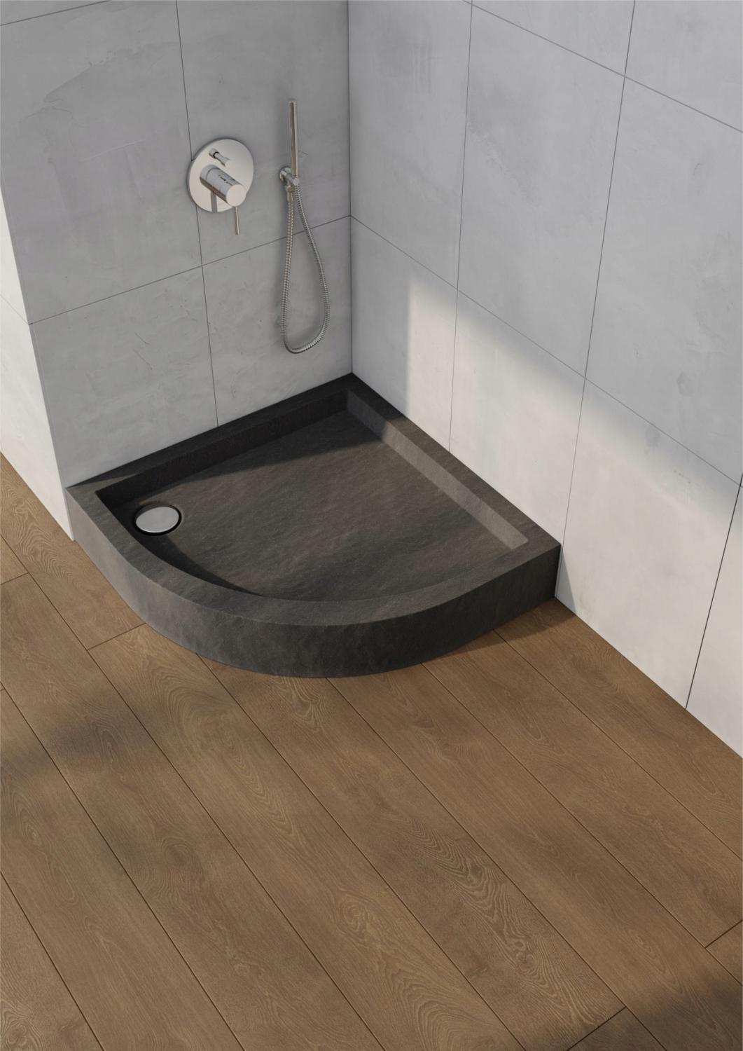 Brodzik akryl Medium z podb Stabilsound i panel Black Stone 80x80 półokrąg
