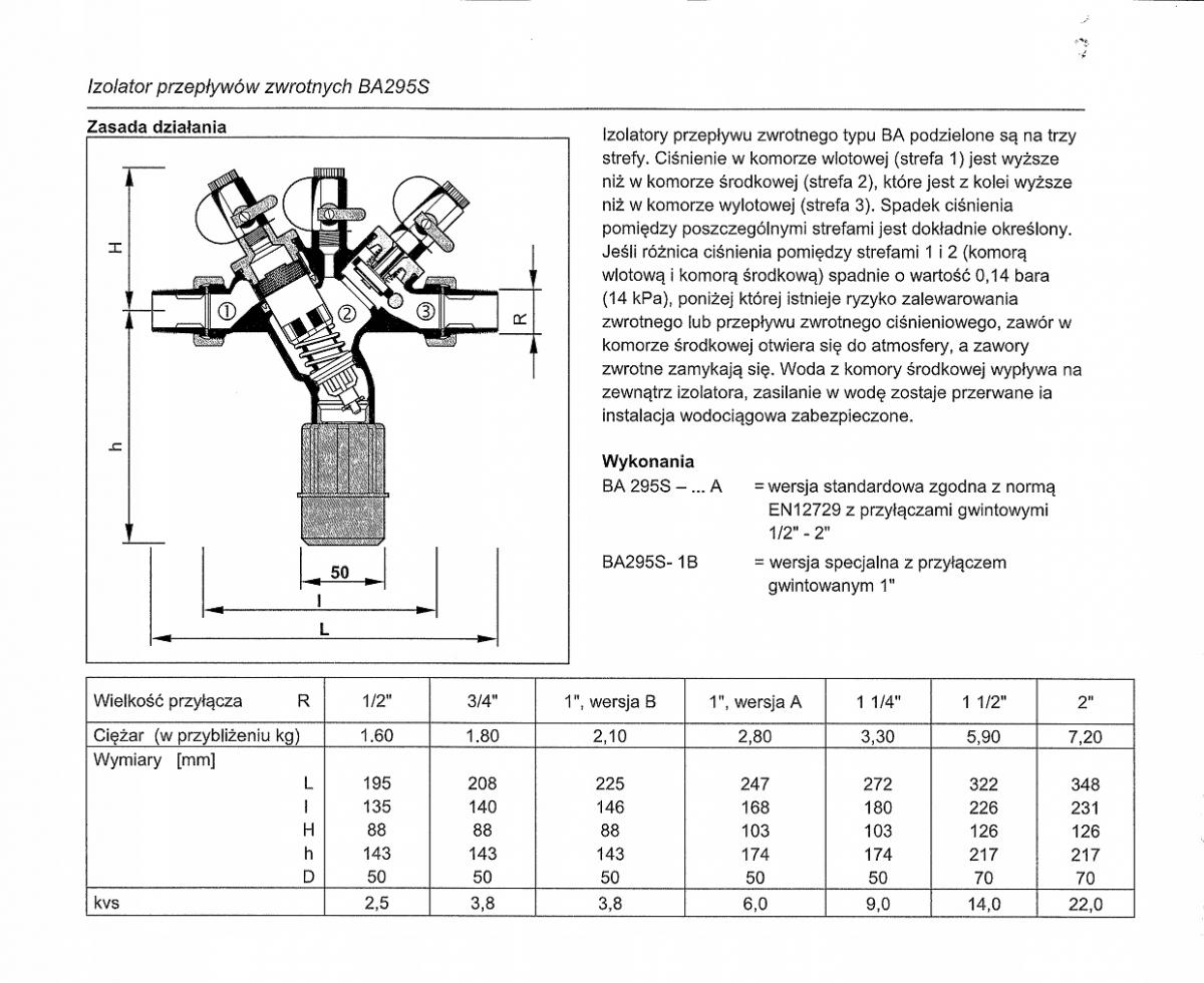 Zawór antyskażeniowy BA295-3/4A Izolator przepływu zwrotnego, gwintowany, 3