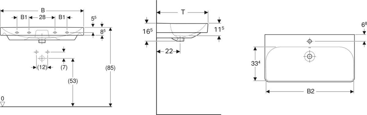 Umywalka Smyle Square B55 cm, H16.5 cm, T44 cm, z przelewem, z otworem na b