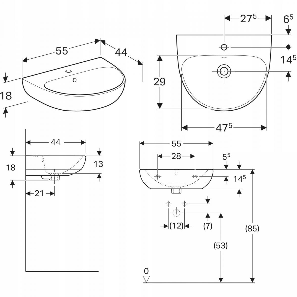 Umywalka Selnova B55 cm, H18 cm, T44 cm, z przelewem, z otworem na baterię
