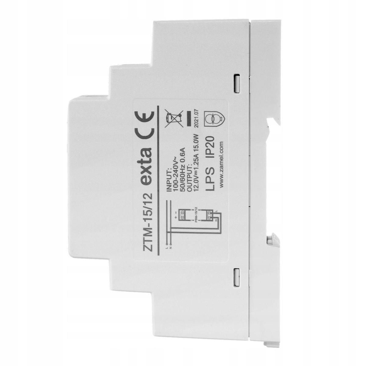 Zasilacz impulsowy montowany na szynie TH-35 (DIN), 15W, 12V DC ZTM-15/12