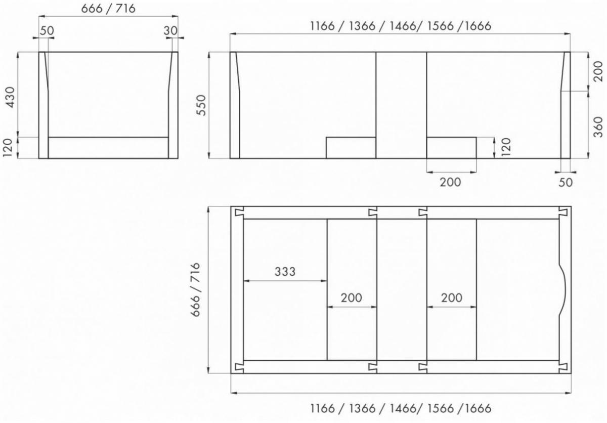 Nośnik uniwersalny do wannien prostokątnych akryl / stal 120-170x70x61m 1.0