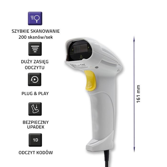 QOLTEC Laserowy czytnik kodów kreskowych 1D, Biały 50877