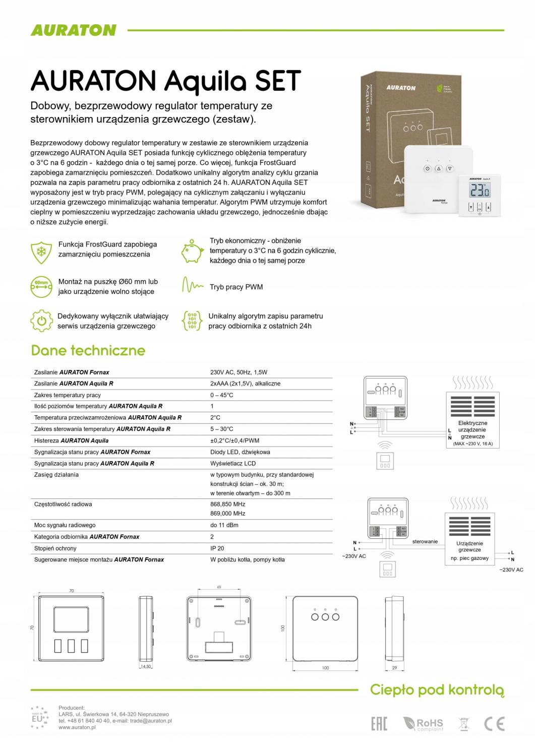 AURATON Aquila SET - Dobowy, bezprzewodowy regulator temperatury ze sterown