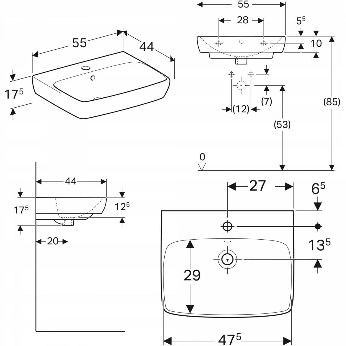 Umywalka Selnova Square B55 cm, H17.5 cm, T44 cm, z przelewem, z otworem na