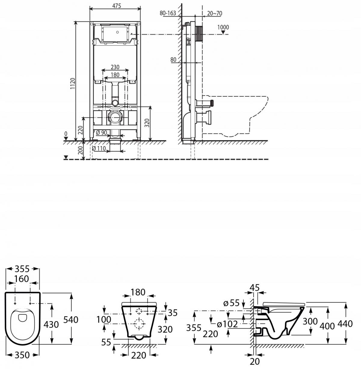 ROCA Zestaw stelaż WC Duplo One + miska WC GAP ROUND Rimless z deską Slim