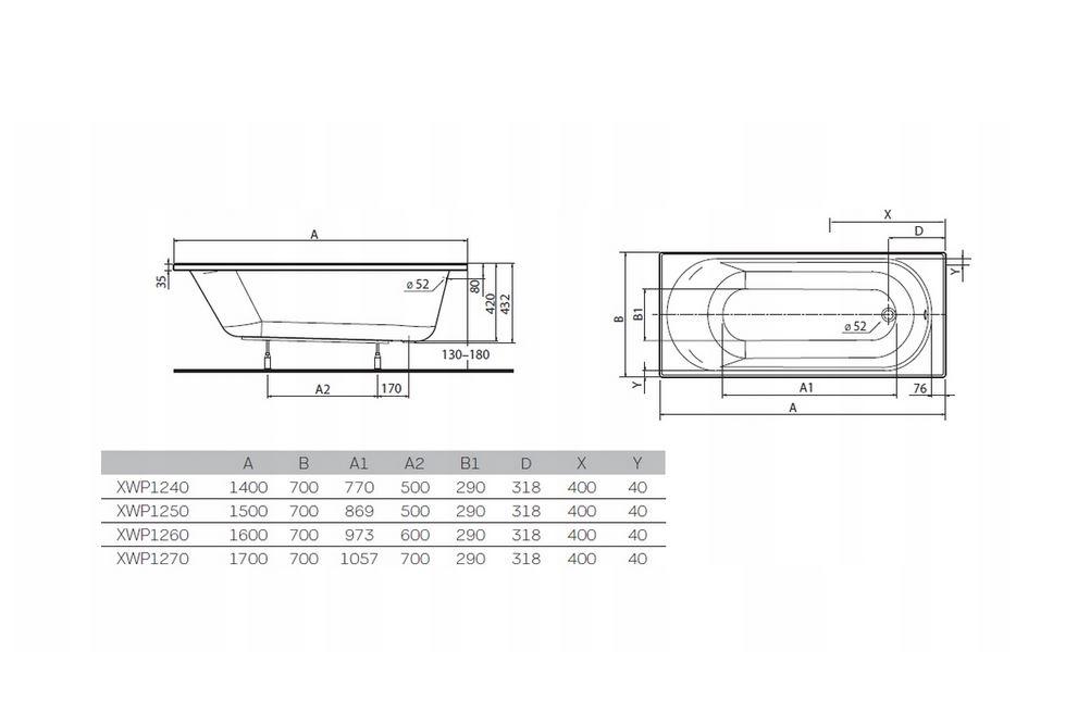 KOŁO Wanna akrylowa prostokątna GEBERIT Opal Plus 1600 700 mm biała