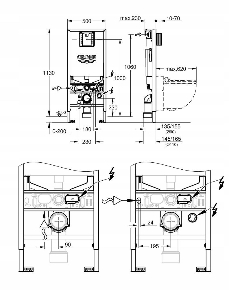GROHE Stelaż do WC podtynk wbudowane gniazdo zasilan Rapid SLX 500x135x1130