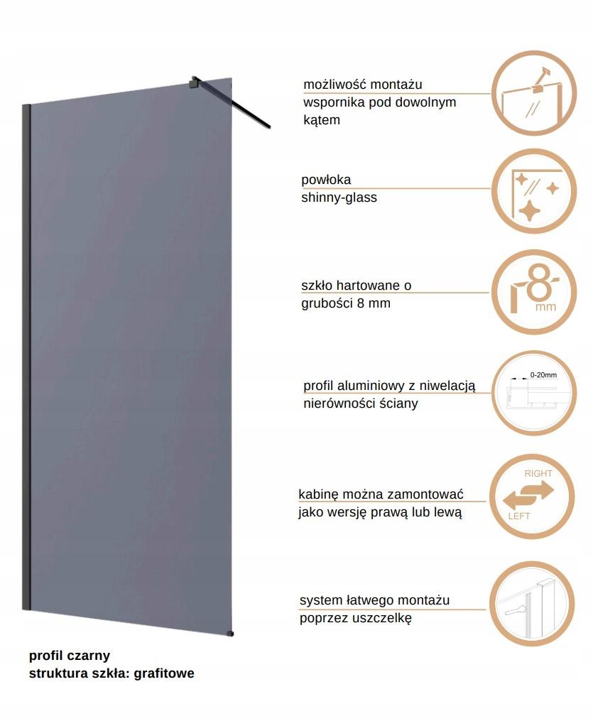 INVENA KABINA WALK-IN II TREND 110X200CM GRAFIT 8MM SHINY-GLASS CZARNY