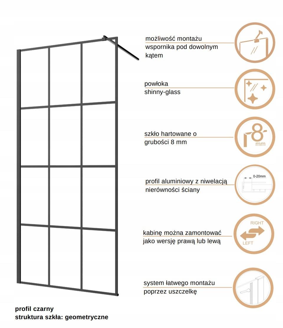 INVENA KABINA WALK-IN II 110X200CM GEOMETRYCZNA 8MM SHINY-GLASS CZARNY