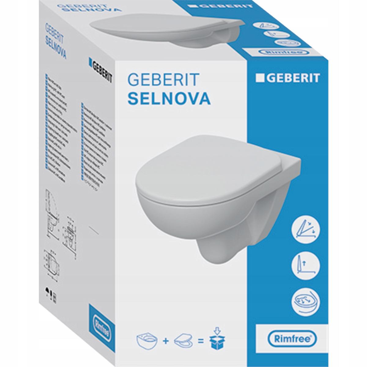 Zestaw wiszącej miski WC Selnova, lejowa, B36 cm, H39 cm, T53 cm, Rimfree,