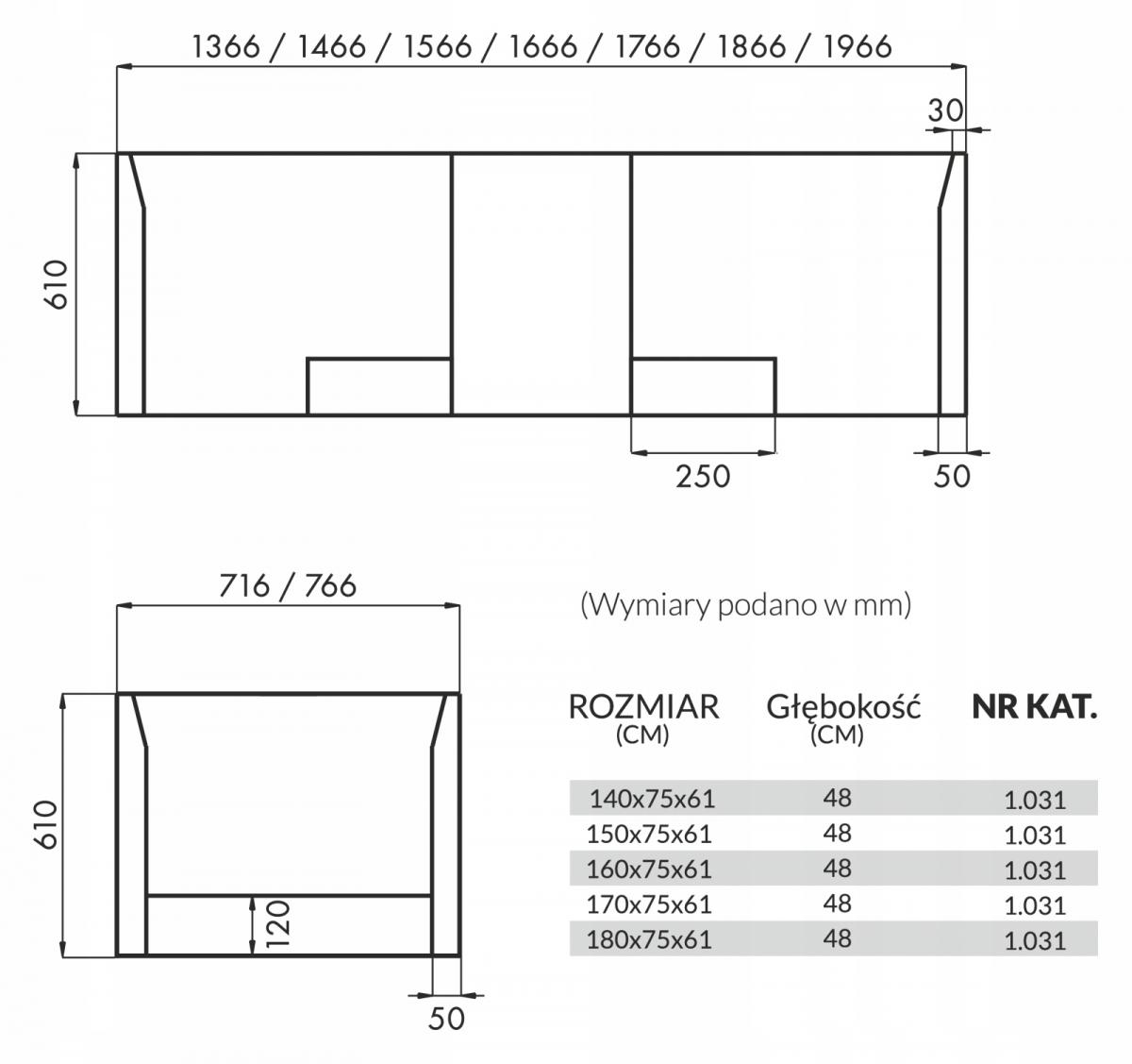 SCHEDPOL Nośnik do wanien prostokątnych 1.031 Stabilsound 140-180x75x61 cm