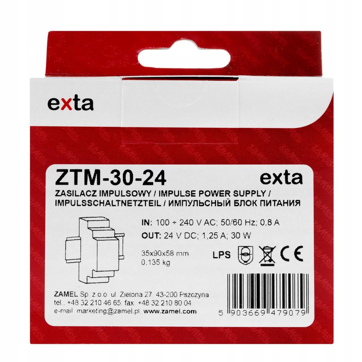 Zasilacz impulsowy montowany na szynie TH-35 (DIN), 30W, 24V DC ZTM-30/24